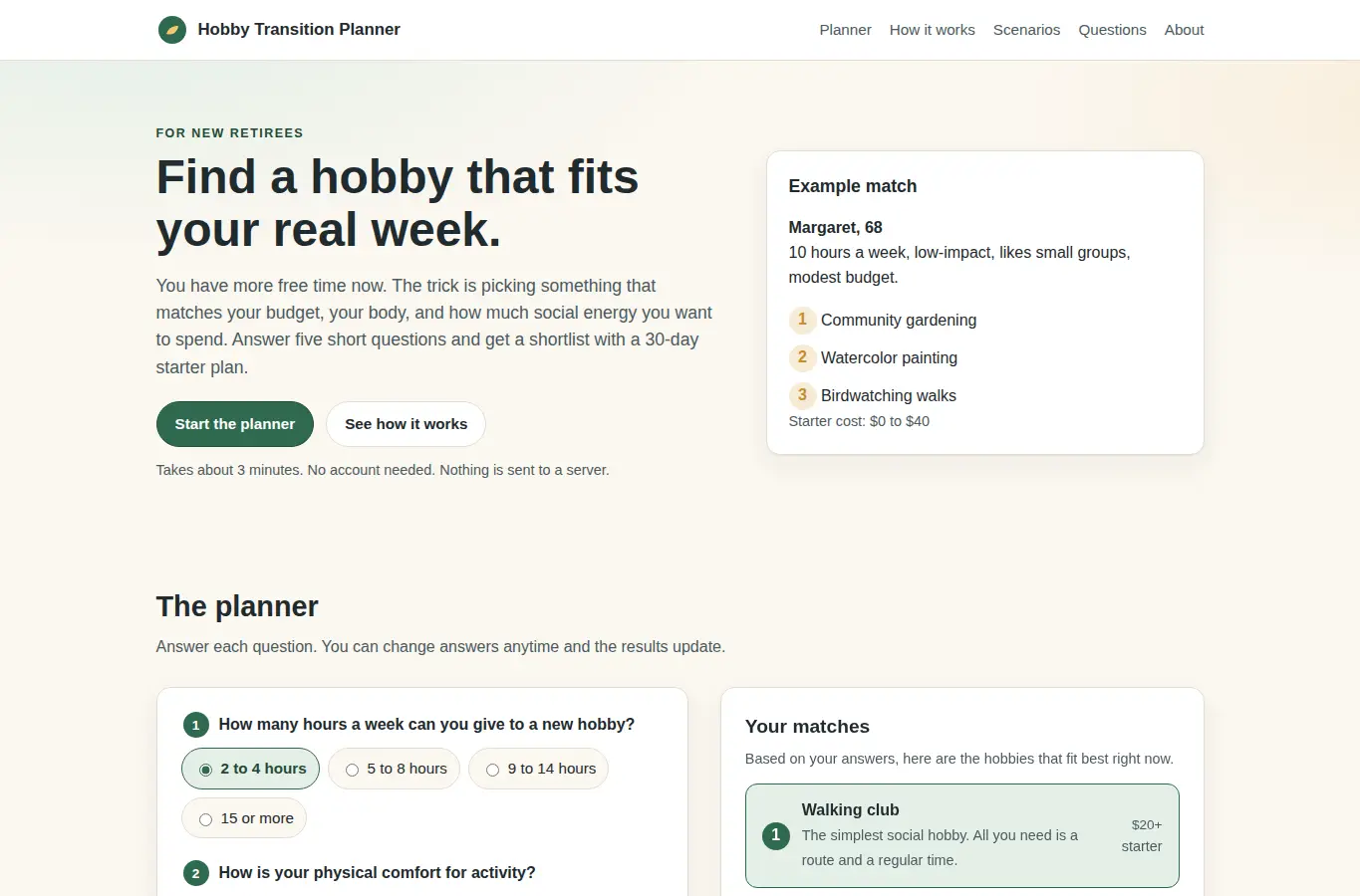 Screenshot of Hobby Transition Planner interface showing the project page in use